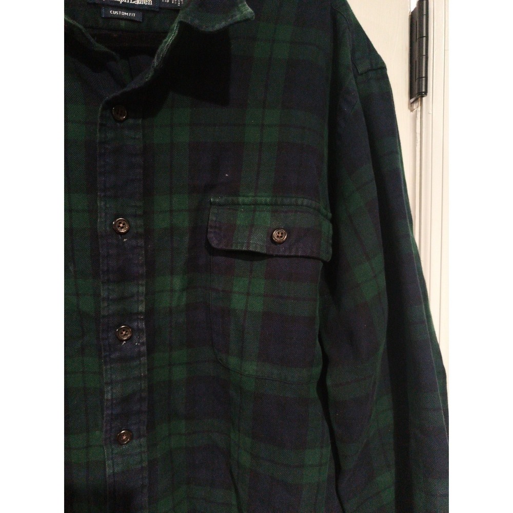 RALPH LAUREN MENS Custom Fit XXL  FLANNEL BUTTON SHIRT  BLUE GREEN PLAID POCKET